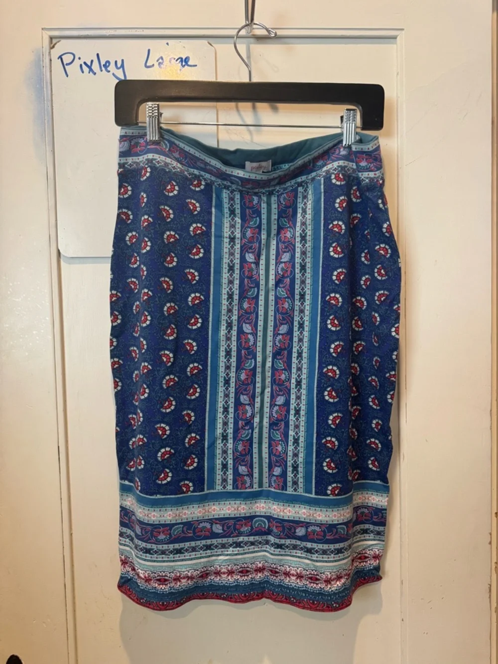 Pixley Blue Patterned Pencil Skirt with Pink Accents